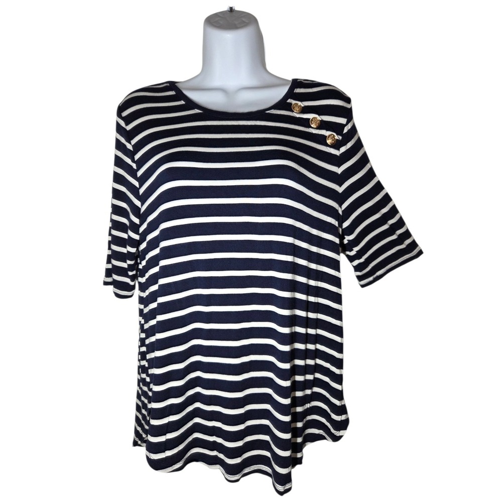 Cable & Gauge Navy Blue Striped Nautical Half Sleeve Stretchy Top Gold Accents M - Picture 2 of 7